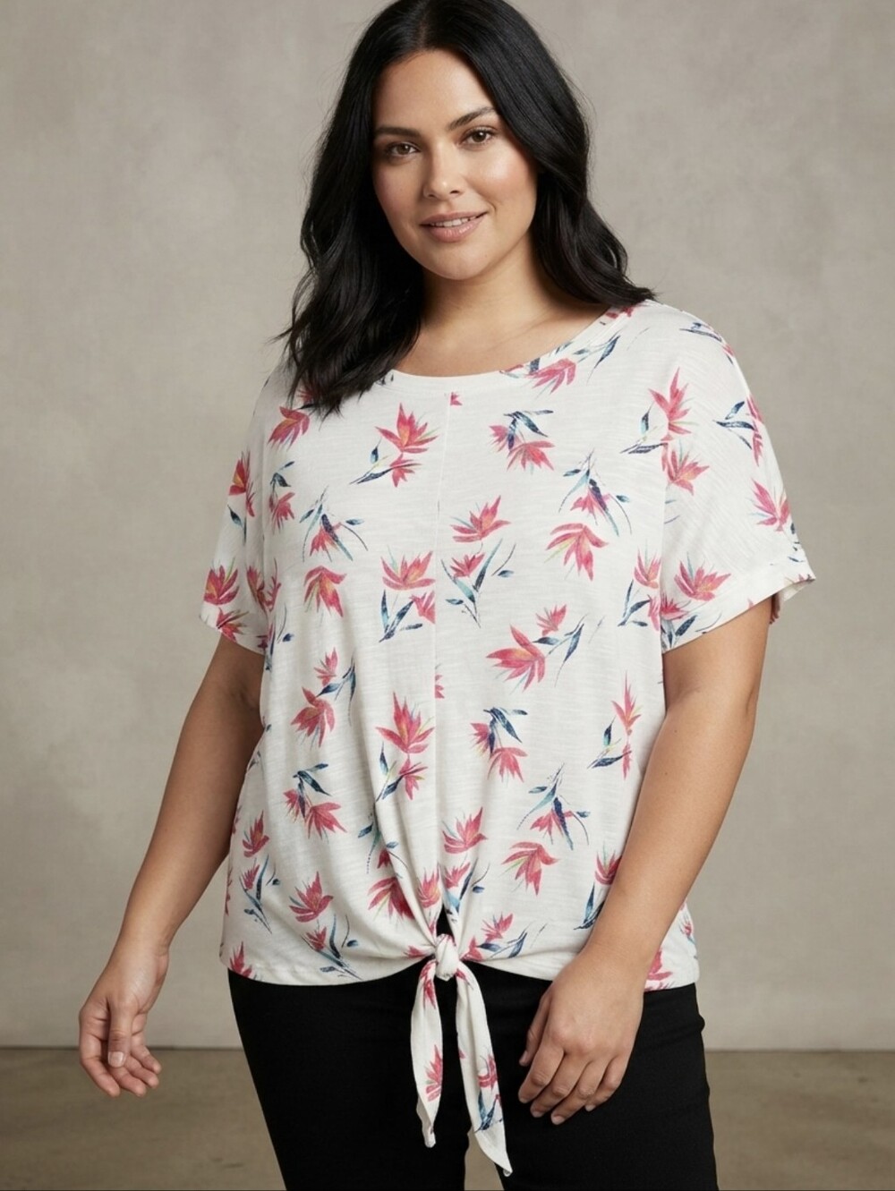 LOVE & LEGEND White Tropical Floral Tie-Front T-Shirt, Plus Size 2X